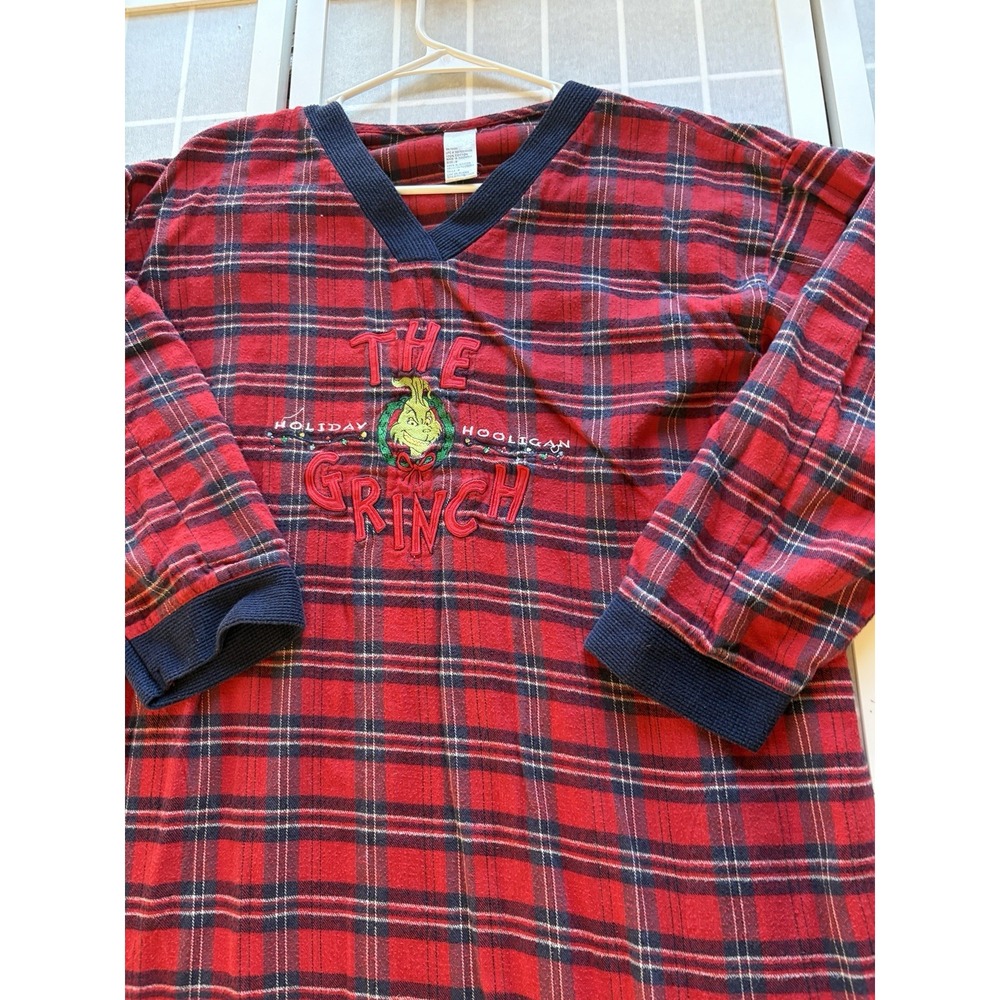Vtg Grinch Christmas Flannel Night Gown Women Sz M Embroidery Plaid Moomoo Dress
